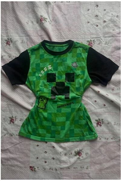 BALİNA Yeşil Raglan Minecraft Creeper Y2K Kısa Kollu Crop