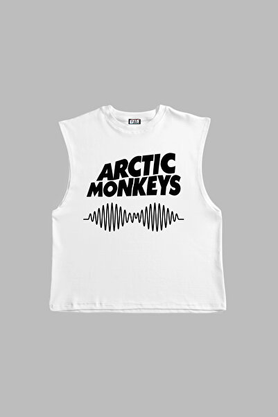 Sekizbiraltı تيشيرت أبيض مطبوع عليه Arctic Monkeys بدون أكمام