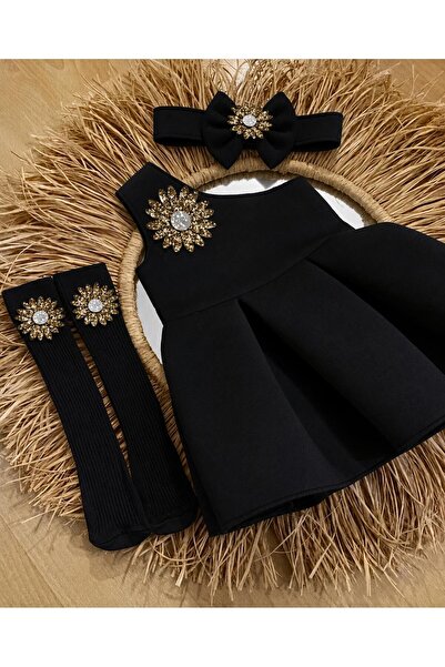 EBRU ÖZÖRGÜCÜ Kız çocuk papatyalı elbise çorap ve bandana 3 parça set
