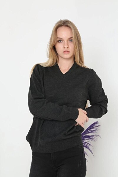 Mariposa Secret Women's V-Neck Sweater Long Sleeve Plain Weave Knitwear - Smoked