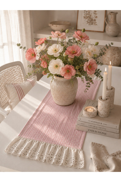 NURGİTA HOME Fırfırlı Fistolu Pitikareli Runner & Vintage Dekoratif Masa Örtü...