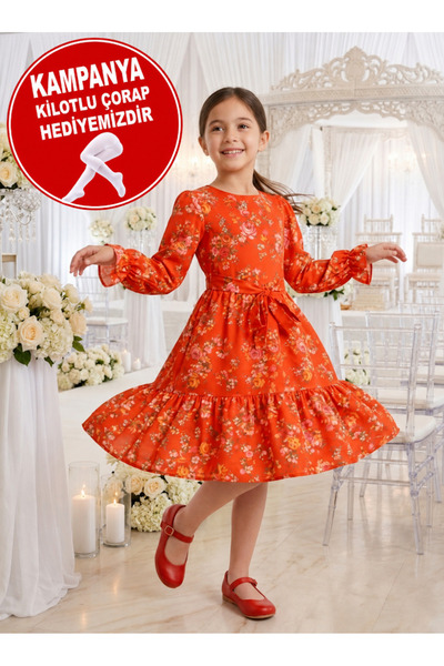 malia KIZ ÇOCUK ÇİÇEK DESENLİ UZUN KOLLU KUŞAKLI ELBİSE