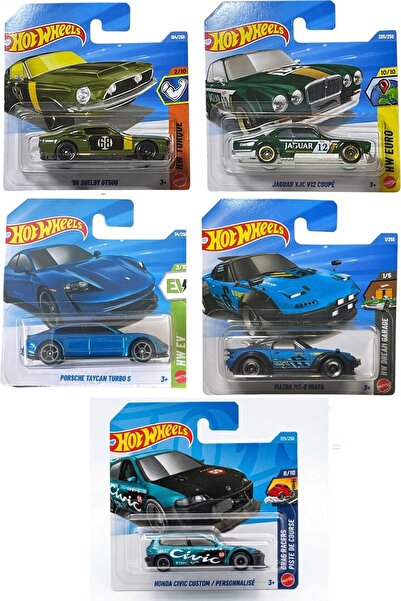 HOT WHEELS 5'li Set - Shelby GT500, Jaguar, Porsche, Mazda, Honda Civic