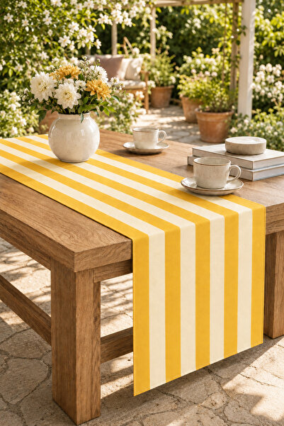 stellahomes Sarı Krem Çizgili Modern Dekoratif Masa Runnerı 40x140 cm