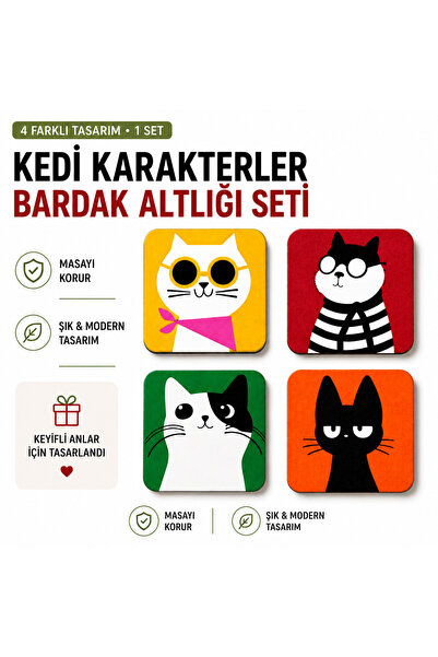 Basart Kedi Karakterler Bardak Altlığı 4'lü Set | Dekoratif Masa Koruyucu | S...
