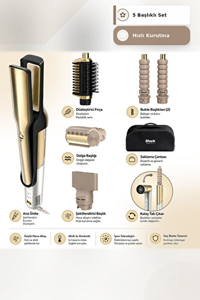 Shark Glam 5in1 Hair Styling Set Gold 1500W Gloss-Lock Ceramic Straightening ...