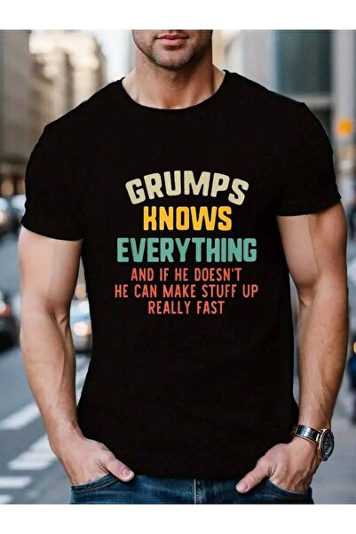 KYMC07 تي شيرت رجالي أسود مطبوع عليه 'Grumps Knows Everything' من القطن 100٪،...