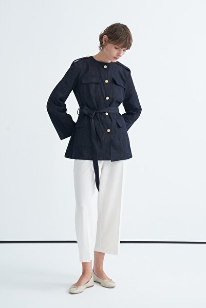 EBU Prive Women's Belted Jean Jacket Dark Navy Blue