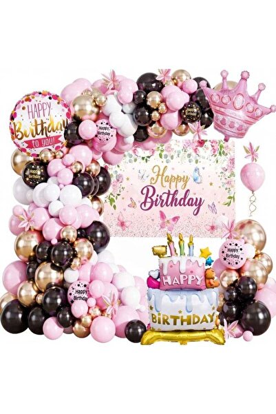 Duravel Pink Black Gold Birthday Balloon Garland Kit with Backdrop, Crown and...