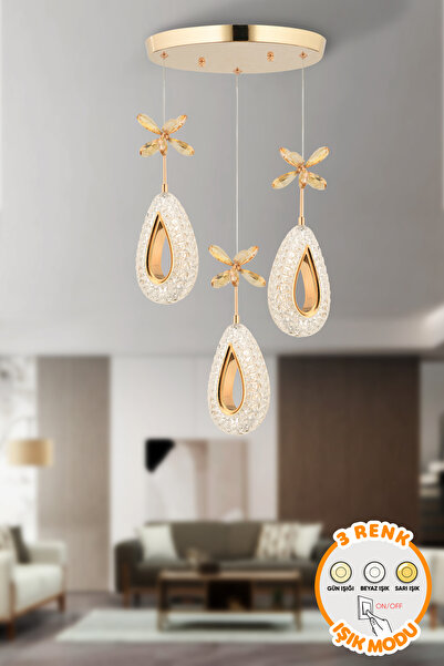 Capella Aydınlatma Modern Diamond 3Renk Işık Özellikli Gold Kaplama Sarkıt Le...