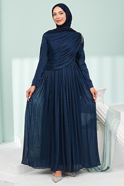 İmajButik Lacivert Önü Büzgülü Yaka Taşlı Abiye