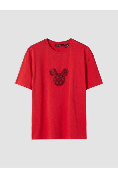 LC Waikiki Red Mickey Mouse Printed 100% Cotton Women's T-Shirt