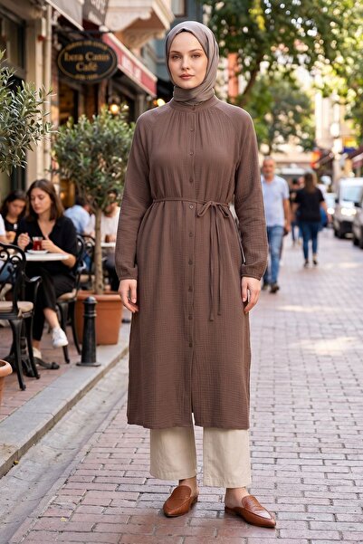 Naknaku Women's Smoke Hakim Collar Buttoned Muslin Fabric Elastic Sleeves Tre...