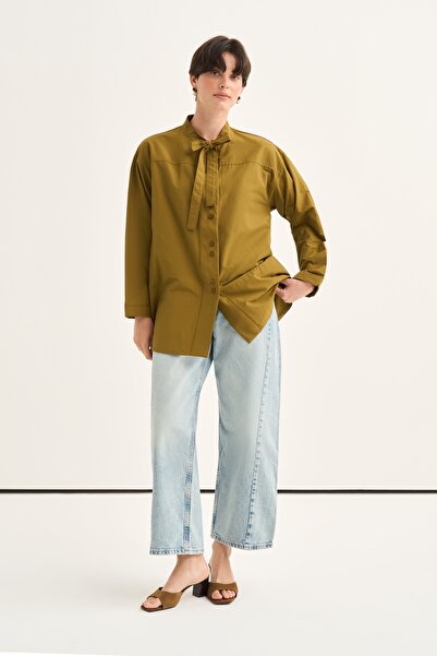 EBU Prive Women's Poplin Tie-Down Collar Shirt Oil Green
