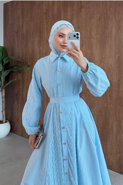 Şule Giyim Romantic Lace Detailed Dress Blue