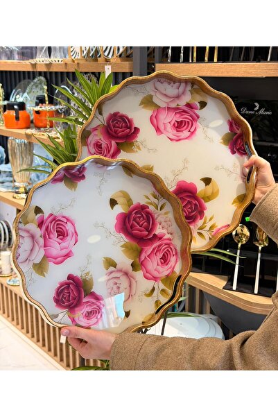 Onedekor 2li Pink White Rose Lüks Tepsi