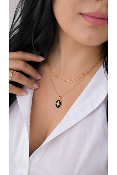 RİVER ACCESSORİES 2'li Set Gold Renk Siyah Mineli Kutup Yıldızı Kolye
