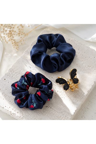 PELKAN ATELİER Kiraz Desenli Saten Lacivert Scrunchie Lastik Saç Tokası Seti ...