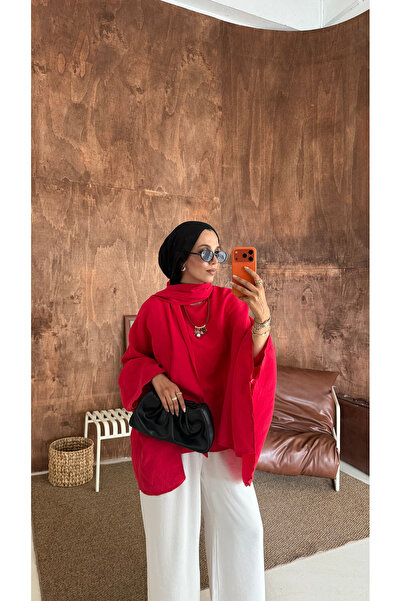 ensade Women's Tencel Shawl Detailed Spanish Sleeve Red Blouse – Premium Loos...