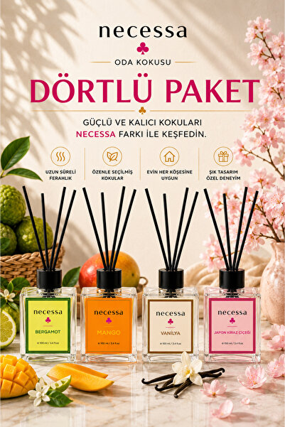 NECESSA DÖRTLÜ ÇUBUKLU ODA KOKUSU SETİ 100 ml BERGAMOT MANGO VANİLYA JAPON Kİ...