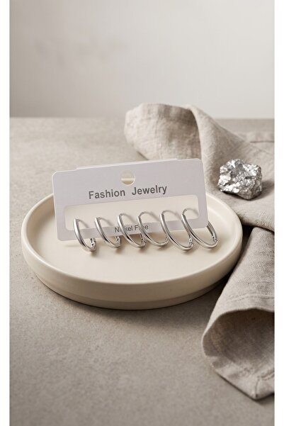 Mega Bazaar Brass Silver Color Thin Oval Earrings Set