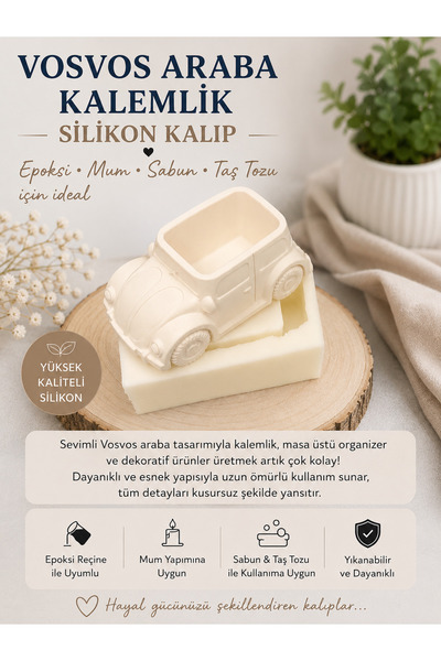 HobiCraft Market Büyük boy Vosvos Araba Kalemlik Silikon Kalıp – Taş Tozu, Ep...