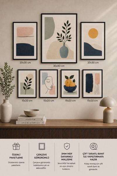 UNT 7'li Çerçeve Görünümlü Tablo Seti | Bohem Soyut Modern | İskandinav Minim...