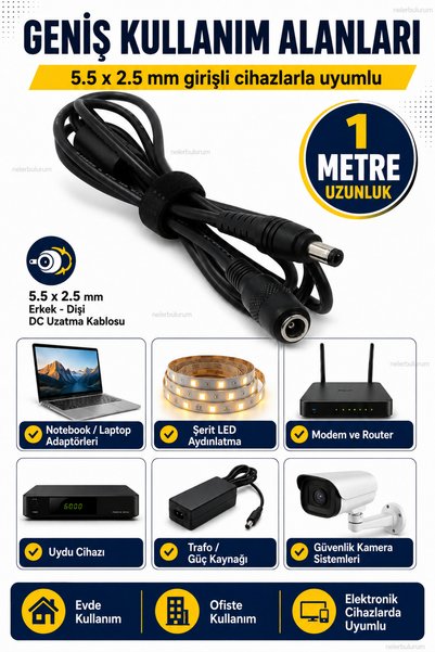 nelerbulurum 1 Meter 5.5X2.5Mm Adapter Extension Cable Male to Female Dc Power Cable Notebook Laptop Modem Strip Led Transformer Compatible