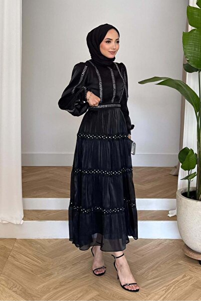 Rimel Moda İnci Detaylı Elbise Siyah