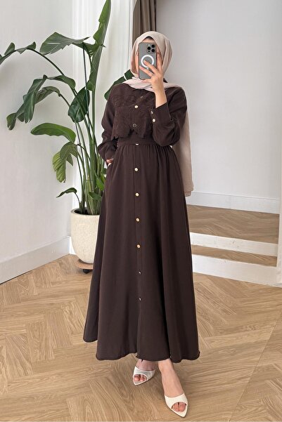 Rimel Moda Elliza Dantel Dokuma Elbise Kahverengi