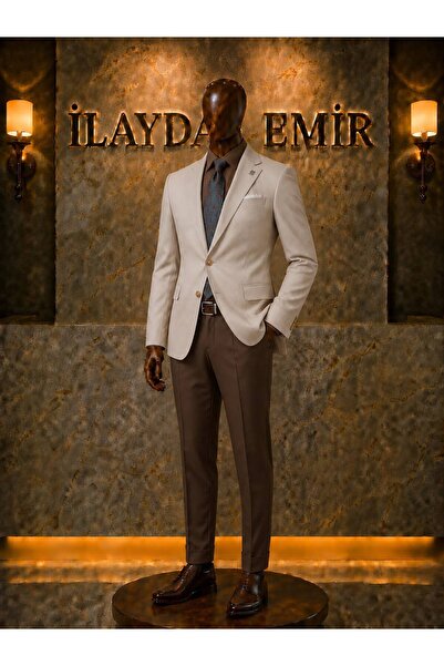 ilayda emir Men's Slim Fit Beige Blazer Jacket Brown Fabric Trousers Suit Bus...
