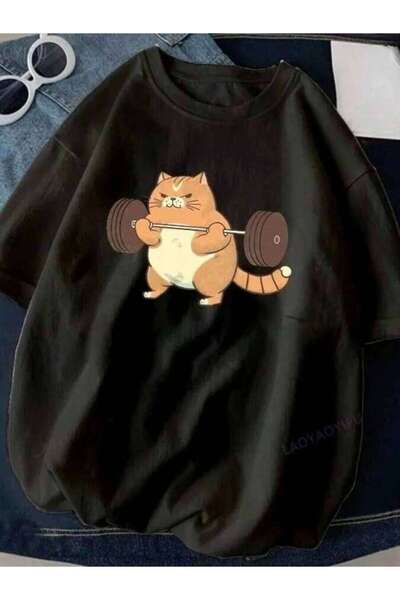 9JY تي شيرت مطبوع عليه Cat Weightlifting، ملابس نسائية بتصميم مضحك للصالة الر...