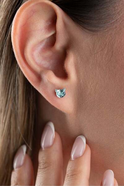 Nereze 925 Ayar Gümüş Rodyum Kaplama Blue Topaz Taşlı Kedi Model Tektaş Küpe
