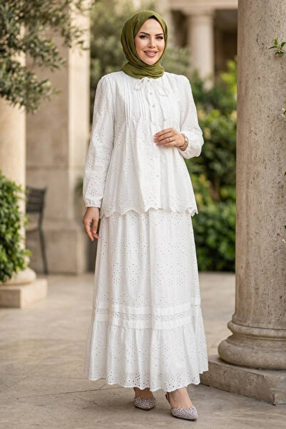 Neva Style Set dublu cu guler cu volane, alb, cu pliuri, stil hijab 50194B