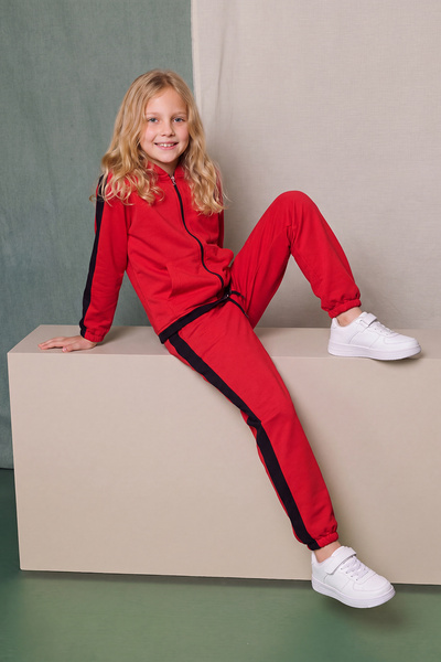 FYK KİDS Girl's Stripe Detailed Zippered Hooded Double Pocket Tracksuit Set