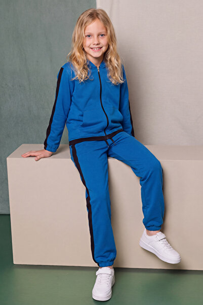 FYK KİDS Girl's Stripe Detailed Zippered Hooded Double Pocket Tracksuit Set