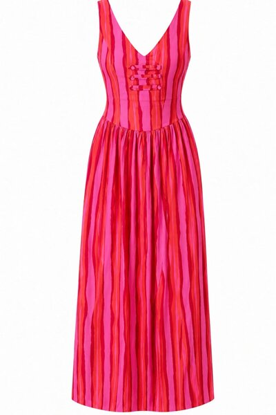 Laluvia Pink Orange Striped Dress - 8304