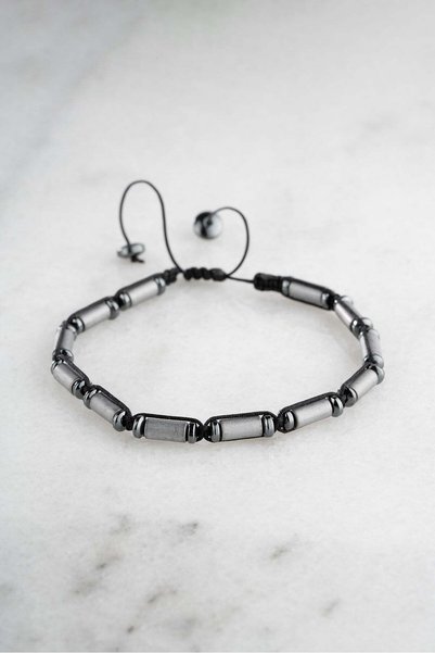 Nereze Gray Cylinder Hematite Natural Stone Macrame Men's Bracelet