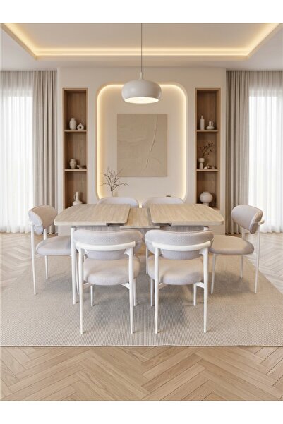 Concept Ayz Home Bella Serisi 6 Kişilik Krem Kumaş 80*130 Traverten Açılır Ma...