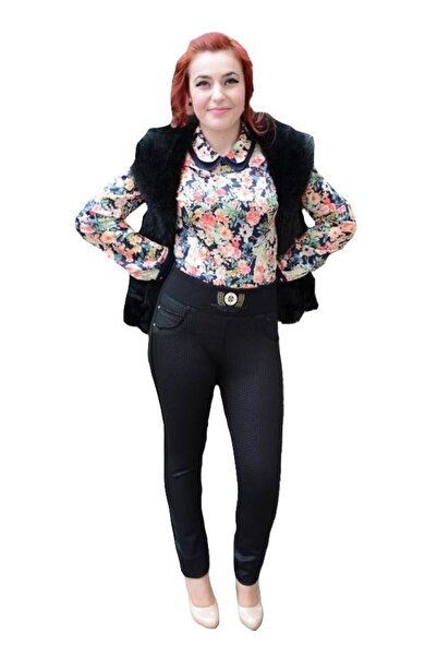OEM Pantalon negru cu imprimeu in tesatura, model casual masura mare