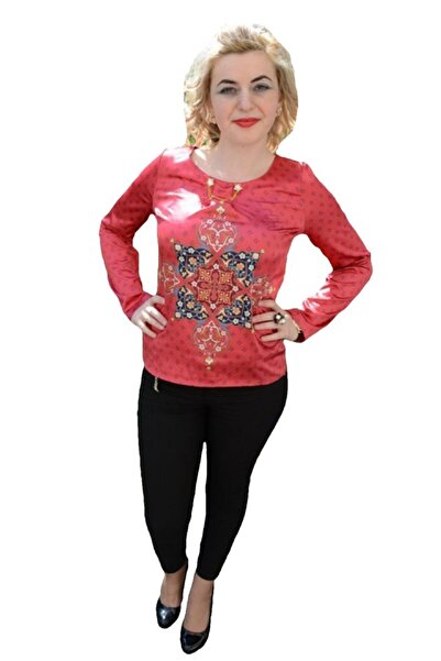OEM Bluza cu maneca lunga, de culoare rosie, cu model oriental