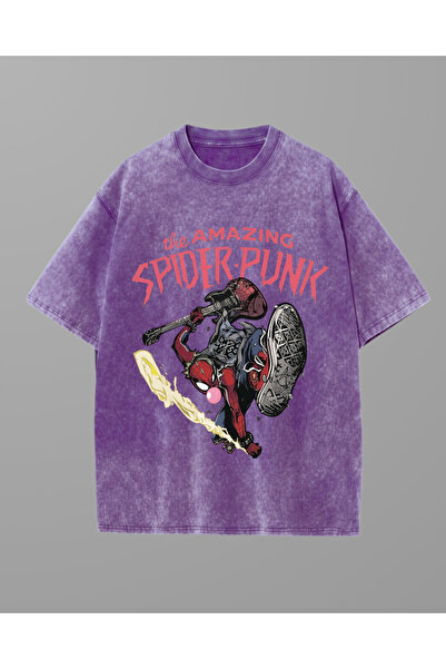 Toum Tricou oversize vintage, lavabil, unisex, cu imprimeu Amazing Spider Punk