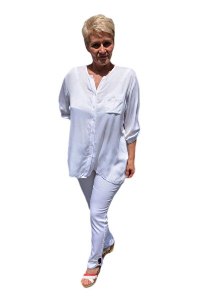 OEM Bluza casual , alba cu nasturi si design de buzunare paietate