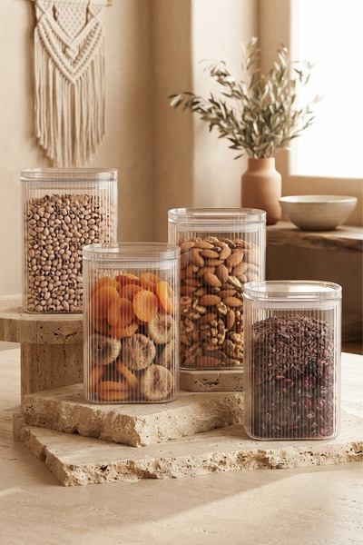 Kitchen Life Set of 4 Mega Size Labeled Vacuum Rectangular Jars, 2.4 Liters