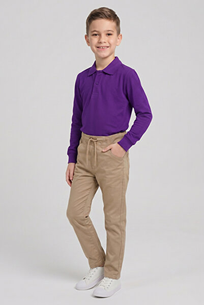 nacar çarşı Boys' Purple Long Sleeve Polo Collar T-Shirt Beige Ribbed Waist C...