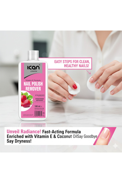 Ican London Strawberry Nail Polish Remover 100ml with Vitamin E – Acetone-Based Nail Polish Remover for Natural, Artificial & Gel Nails