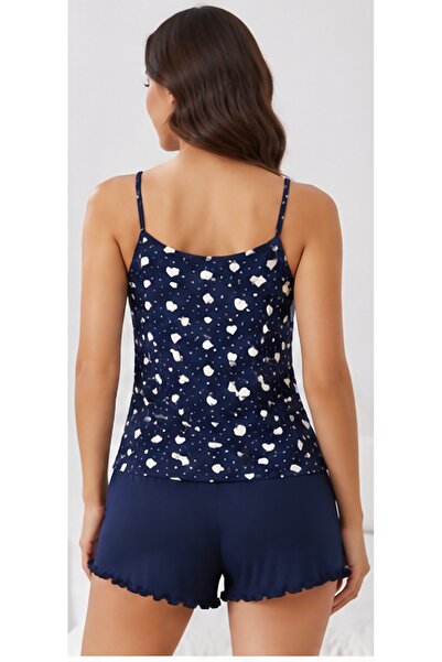 SHYA Pijama damă scurtă bleumarin cu inimioare, set maiou cu bretele și pantaloni scurți, pijama confortabilă de vară