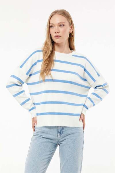 Fulla Moda Striped Crew Neck Oversize Knitwear Sweater
