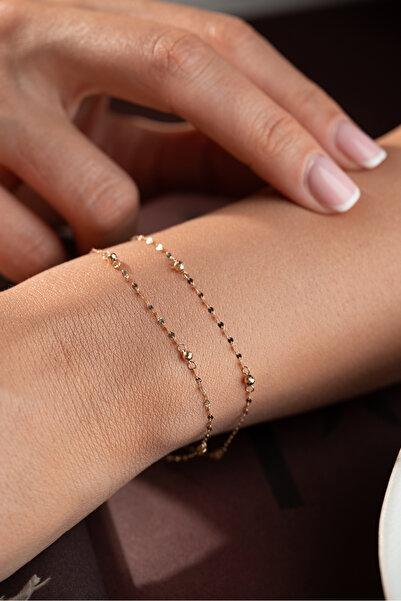 beonejewelry 925 Ayar Gümüş Çift Zincirli Top Detaylı Pullu Bileklik