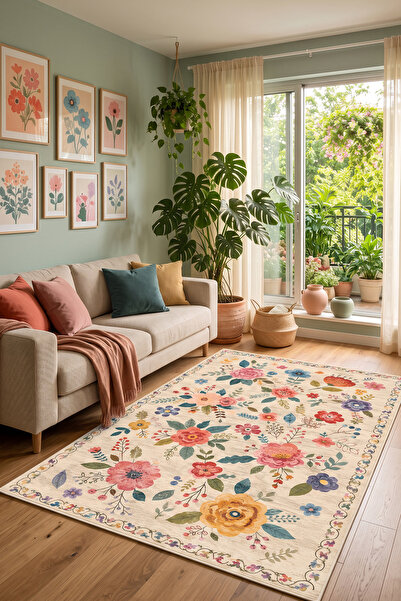 AIDA HOME Rosali Çiçekli Şönil Doğal Pamuk Tabanlı Salon Halısı Kaymaz Yıkana...